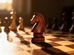 Drewniana szachownica z końcówką partii w świetle zachodzącego słońca, podkreślająca strategiczny charakter gry.