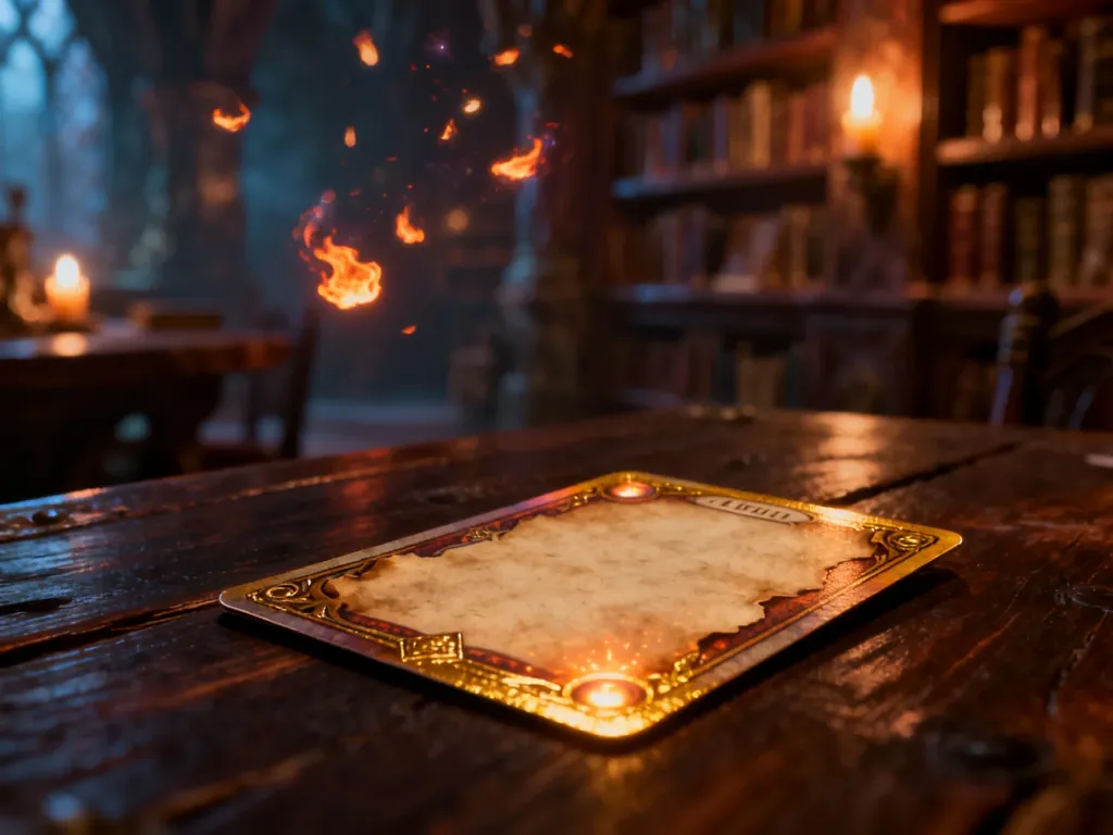 Mistyczna karta do gry Magic: The Gathering leżąca na drewnianym stole w klimatycznym, magicznym wnętrzu biblioteki.