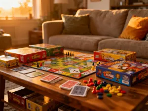 Układane puzzle z abstrakcyjnym wzorem na drewnianym stole w przytulnym, wieczornym wnętrzu.