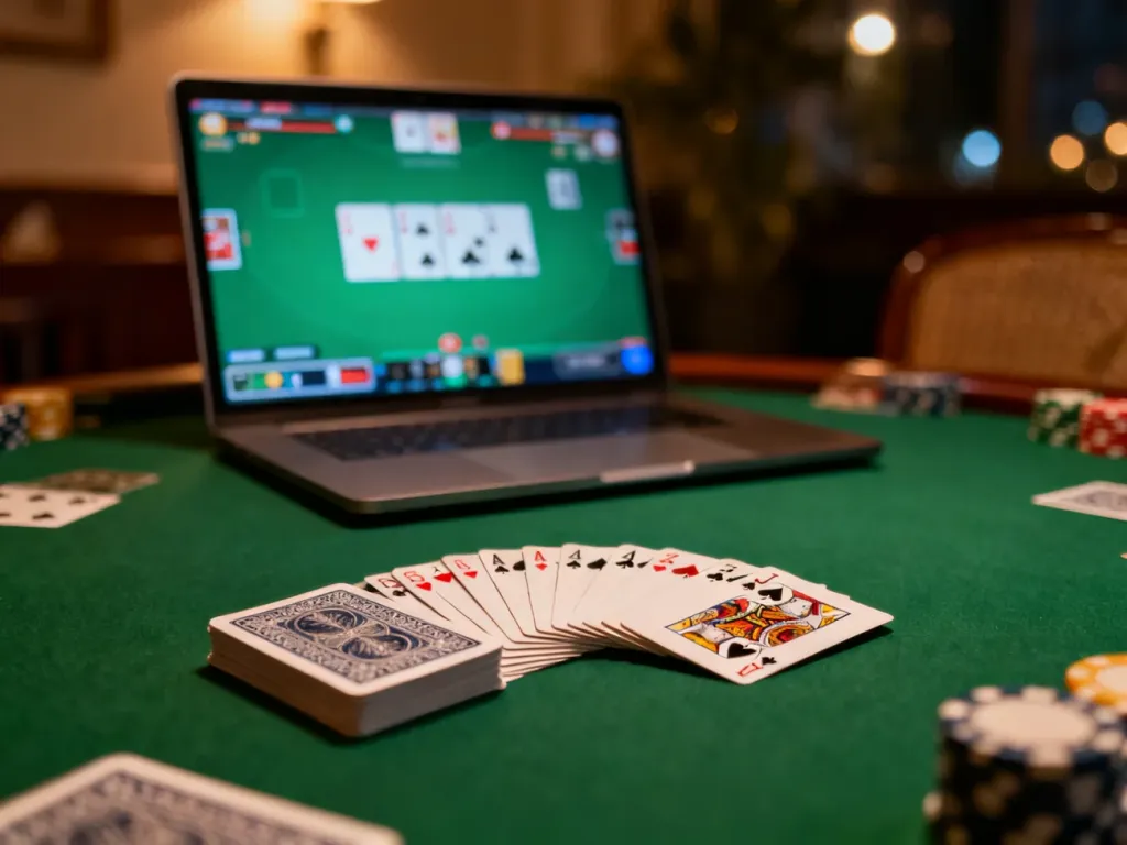 Stół do brydża z rozłożonymi kartami na zielonym suknie oraz laptop z grą online w tle, symbolizujący wybór formy rozgrywki.