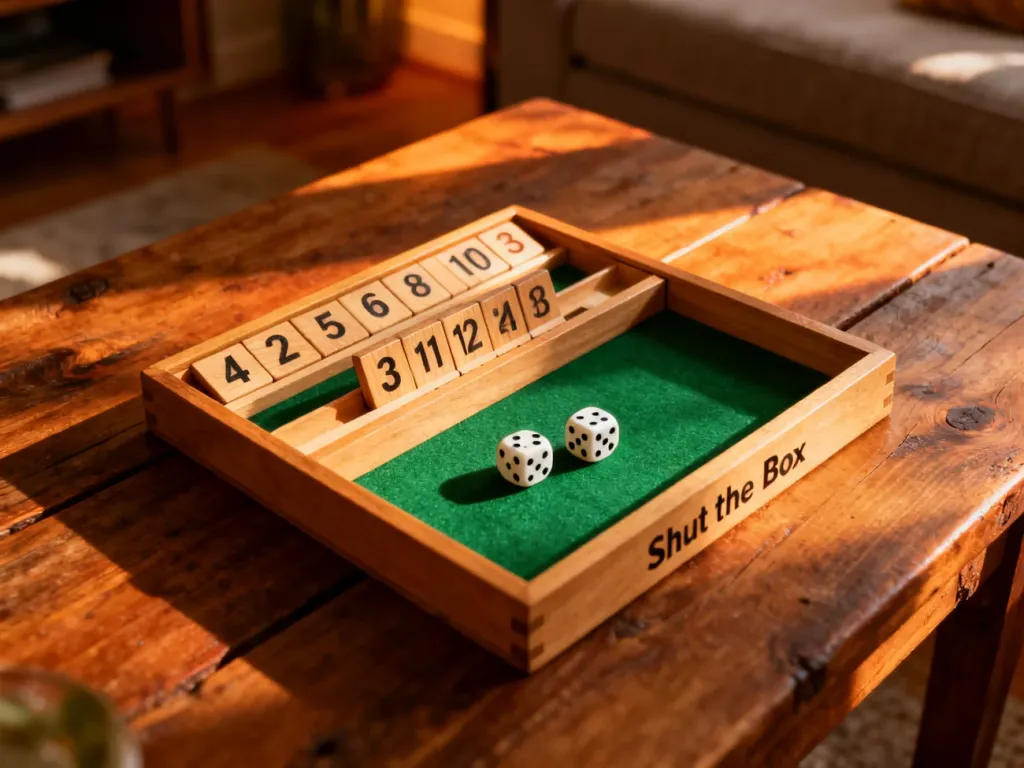 Drewniana gra planszowa Shut the Box z kośćmi na rustykalnym stole w przytulnym salonie.