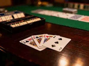 Płytka mahjong z kwiatowym wzorem na drewnianym stole, w tle rozłożone elementy gry w ciepłym oświetleniu.