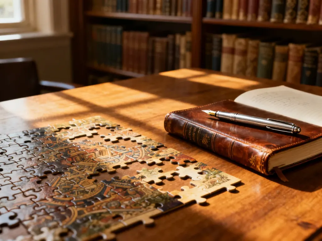 Niedokończone puzzle i notatnik na drewnianym stole w przytulnym gabinecie, zachęcające do intelektualnego wysiłku.
