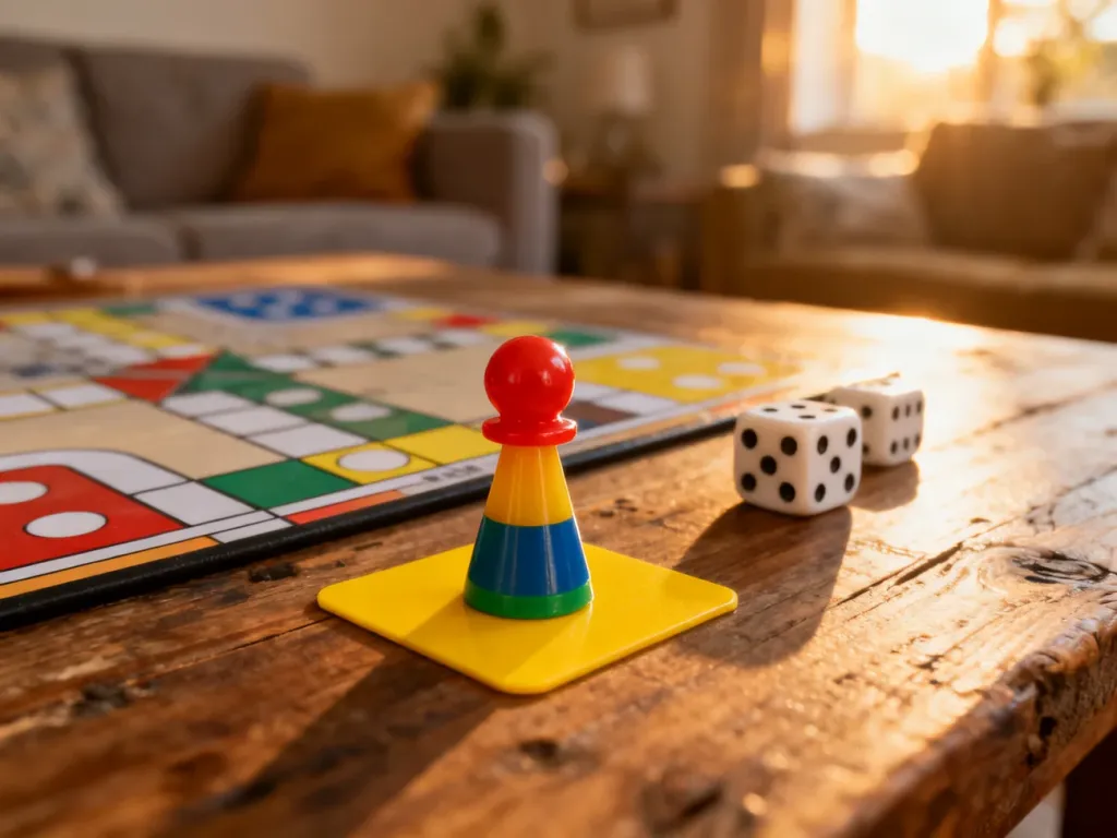 Kolorowy pionek na planszy do gry w Ludo oraz kostki z wyrzuconą szóstką na drewnianym stole w ciepłym świetle popołudnia.