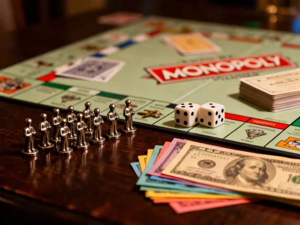 Plansza do gry Monopoly z banknotami, pionkami i rzuconymi kośćmi na drewnianym stole w przytulnym oświetleniu.