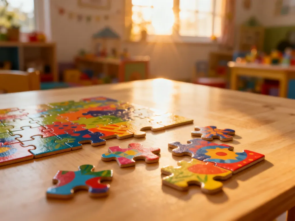 Kolorowe drewniane puzzle na stole w słonecznym pokoju dziecięcym, zachęcające do rozpoczęcia zabawy w układanie.